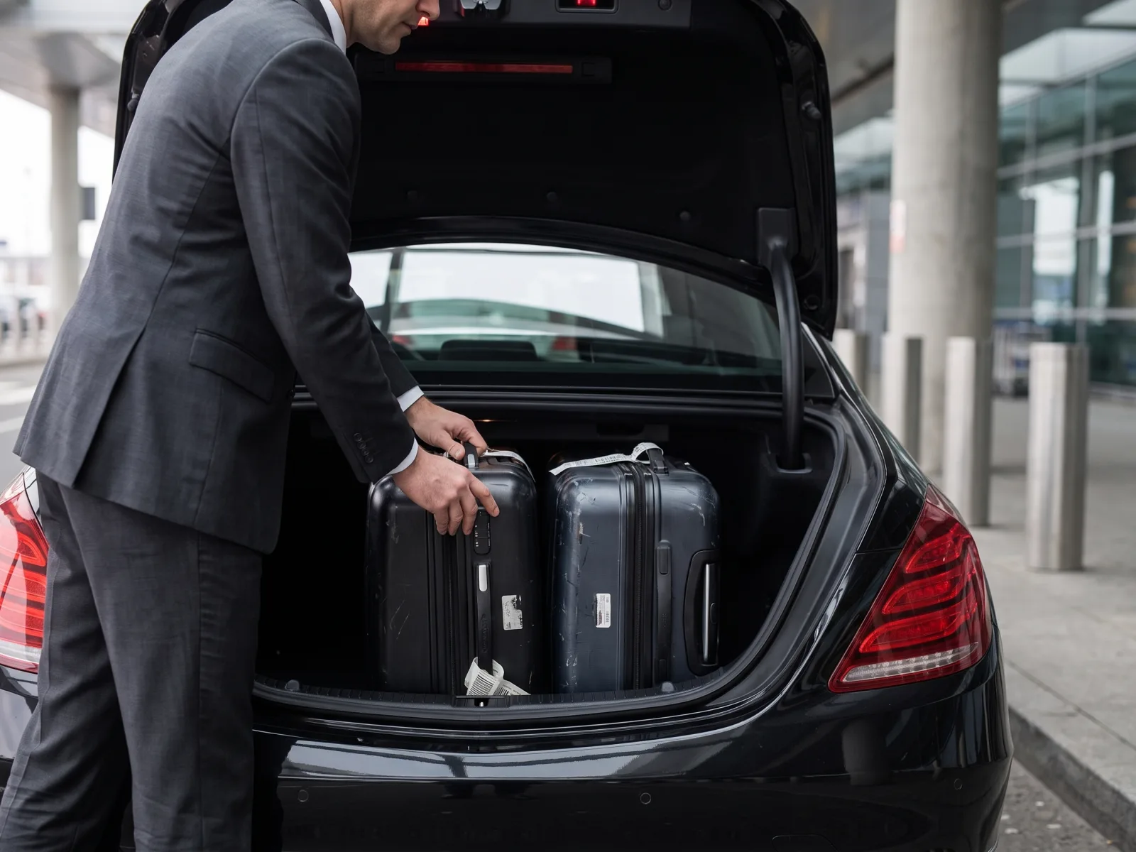 Chauffeur TaxiGO chargeant des valises dans le coffre de la berline